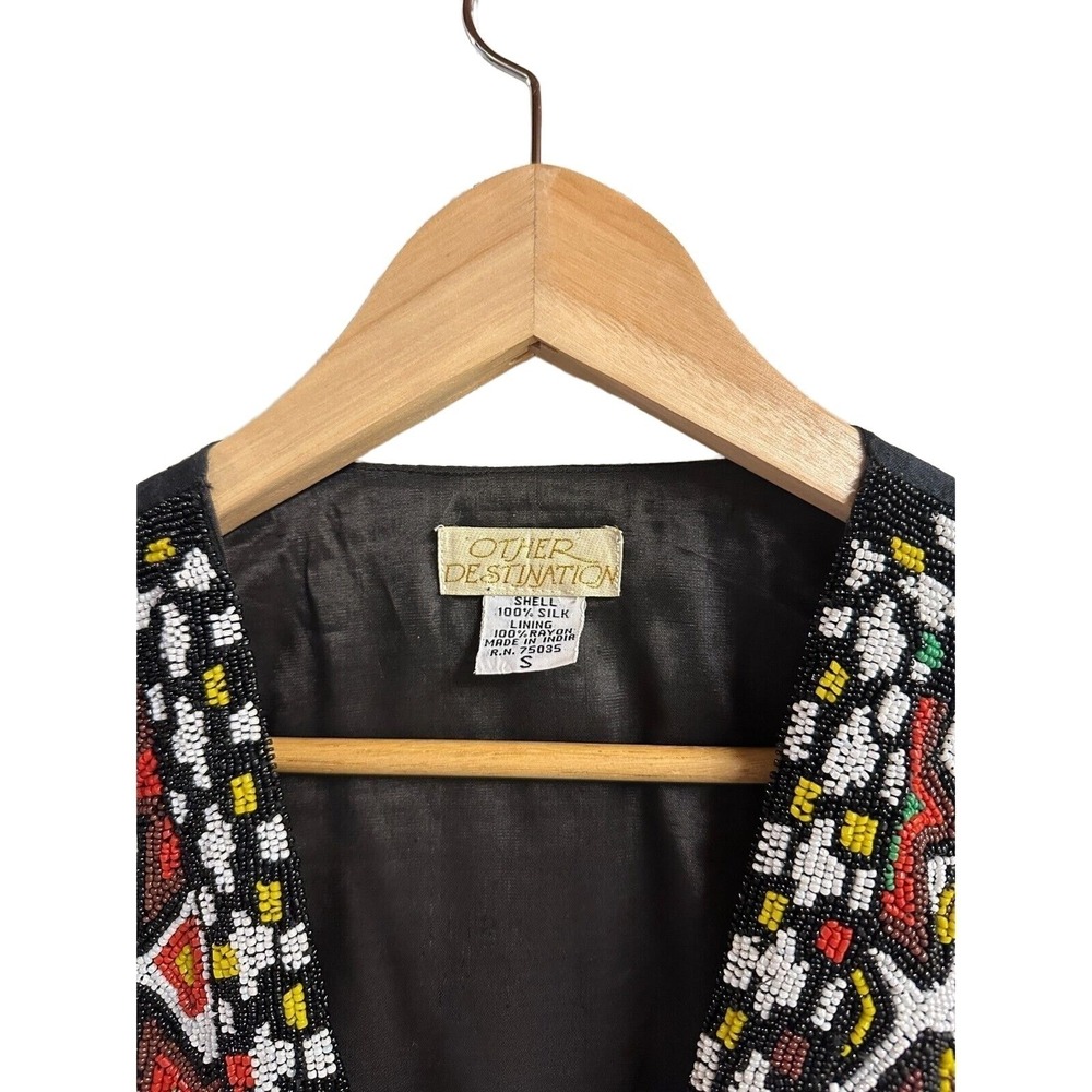 Vintage Hand Beaded Fringe Vest Silk Ivory Black Red Yellow Boho Festival S - Picture 3 of 6